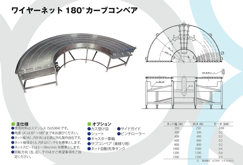 ワイヤーネット180°カーブコンベア
